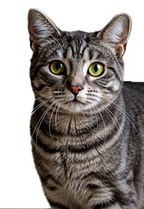 Gray tabby cat with green eyes looking curious