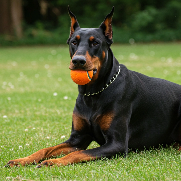 doberman with a orange ball