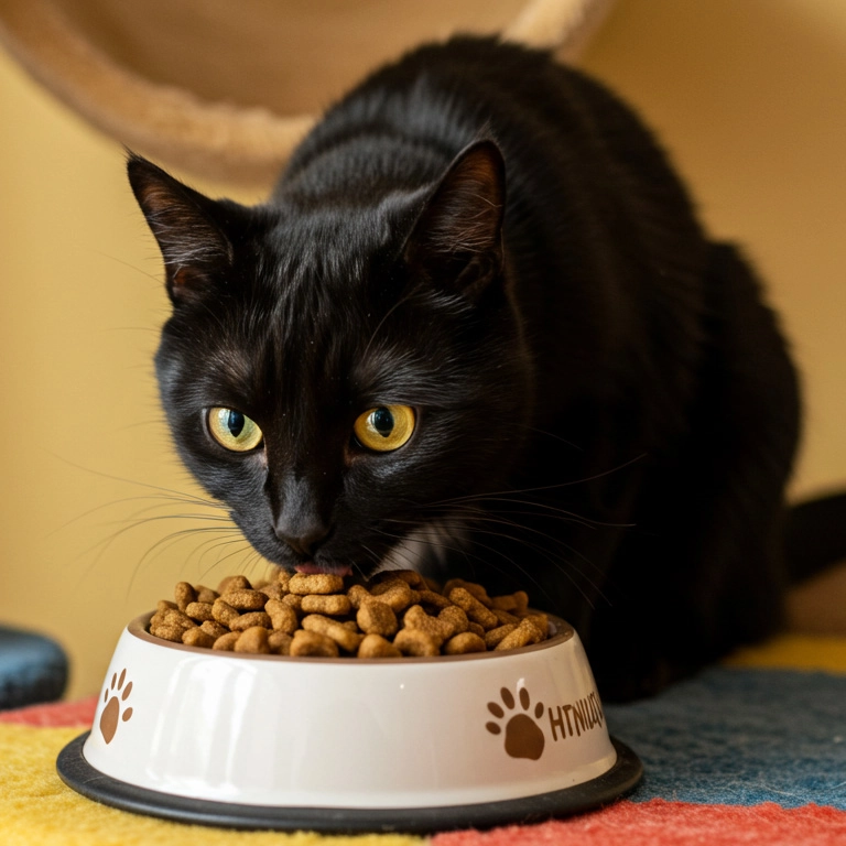 Black cat eating kibble from a bowl indoors