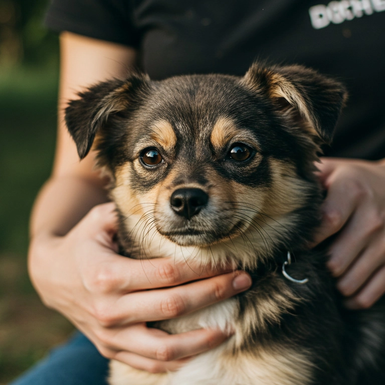 Small black and brown puppy being held by a person