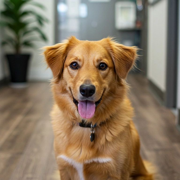 Golden retriever mix sitting indoors, panting happily