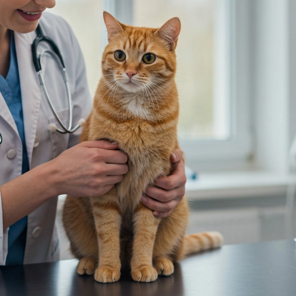 Veterinarian holding an orange tabby cat upright on a table