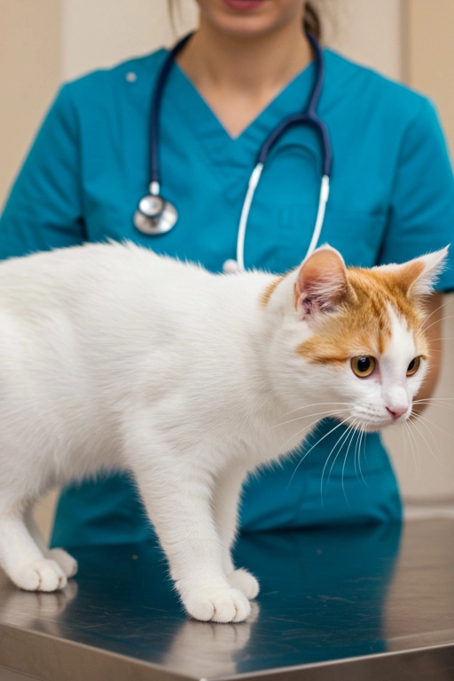 White and orange cat walking near a veterinarian in a blue coat