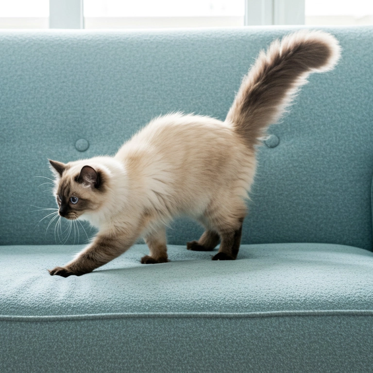 Siamese kitten stretching on a blue couch