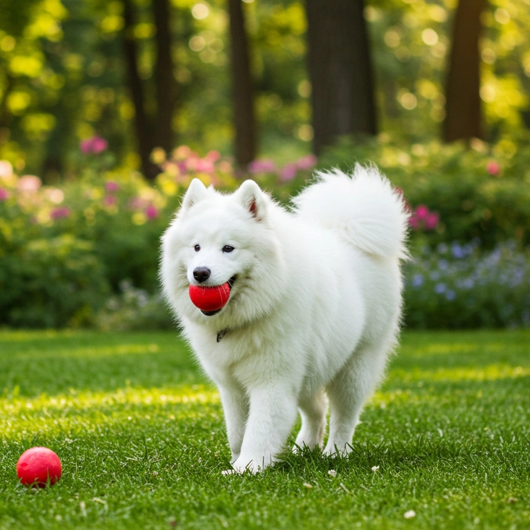 White fluffy dog playing with a red ball on a green lawn