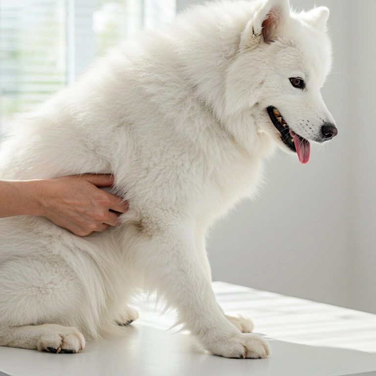 White fluffy dog receiving a gentle pat from a person