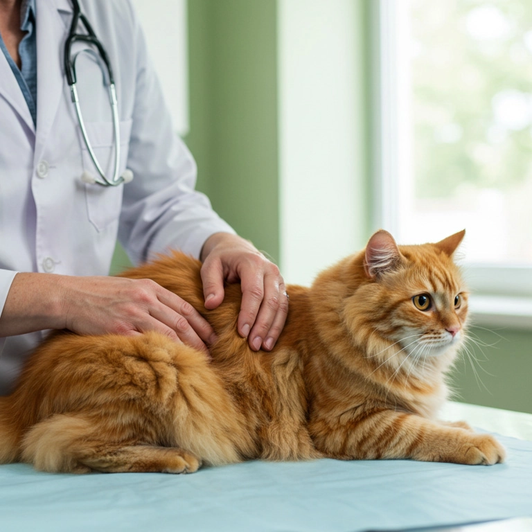 Veterinarian examining an orange tabby cat on a table