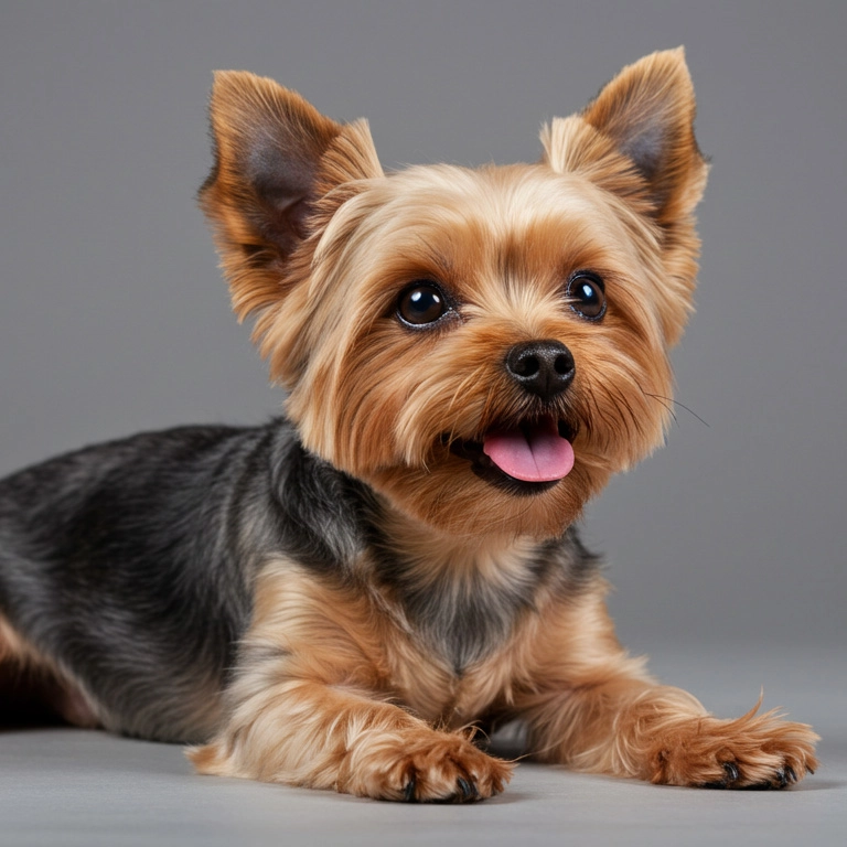 Yorkshire Terrier lying down on a gray surface, looking happy