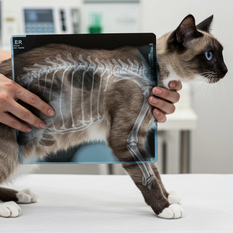 Veterinarian holding a cat while reviewing its X-ray