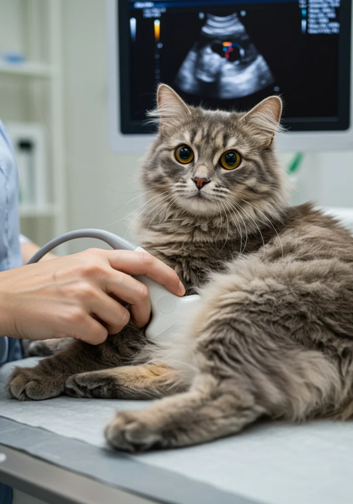 Gray tabby cat receiving a check-up from a veterinarian