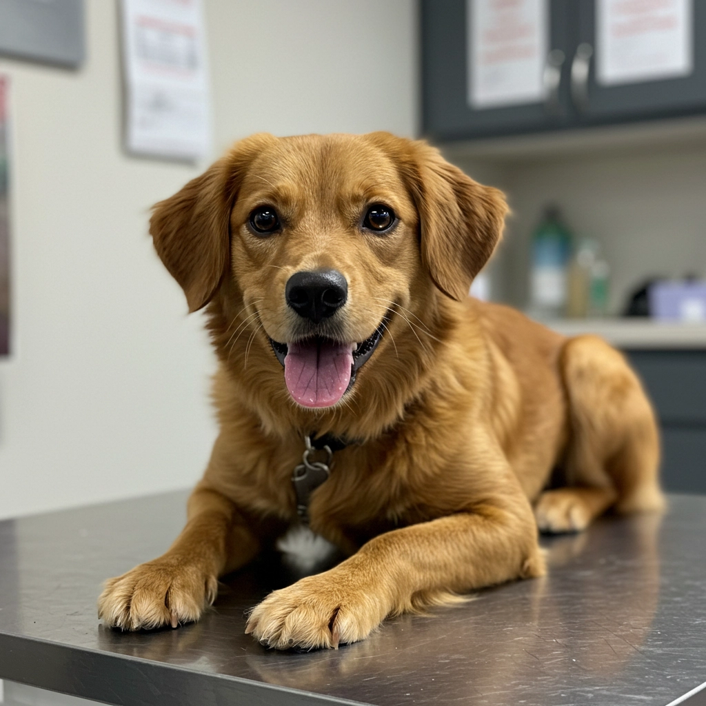Happy golden retriever mix lying on a veterinary examination table