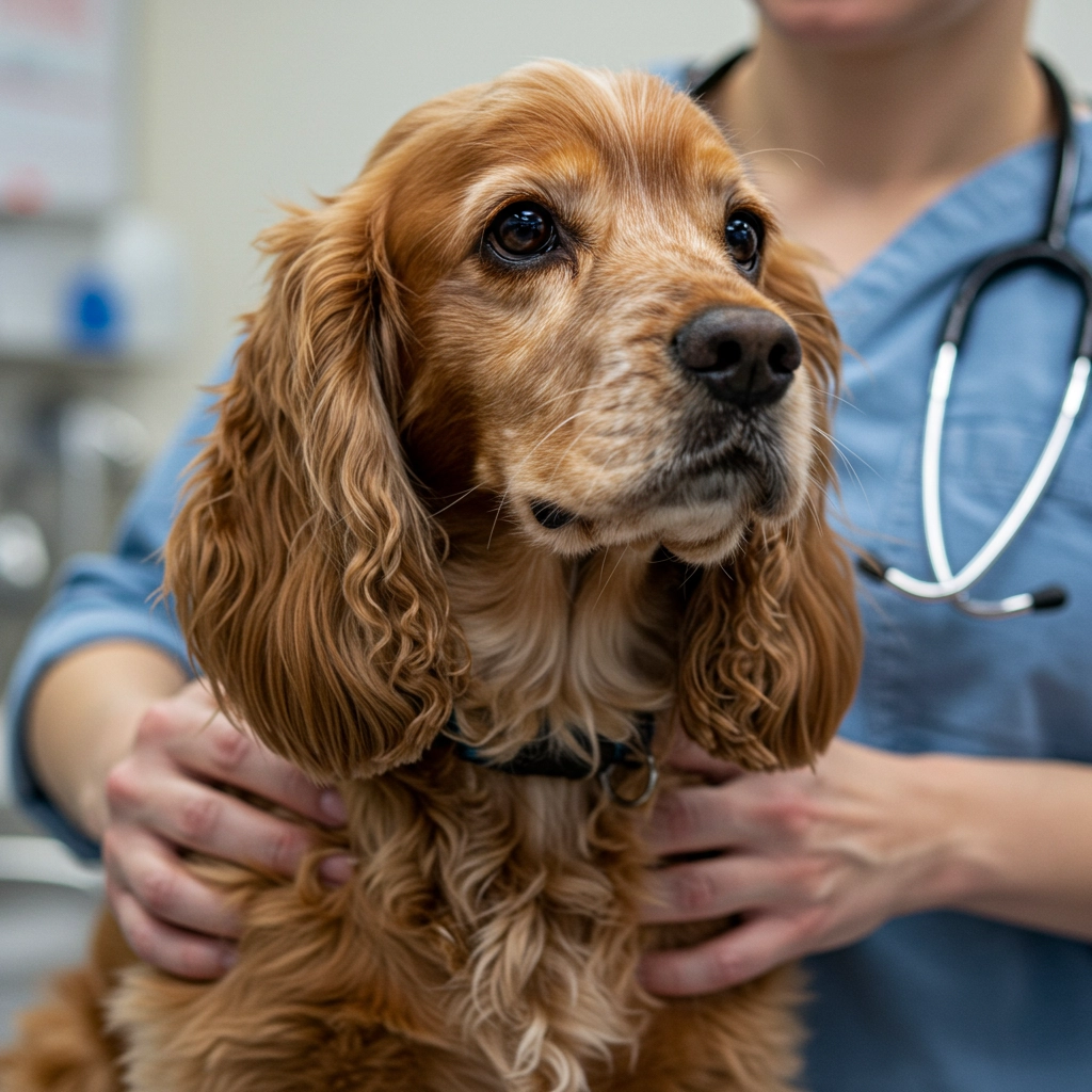 Cocker Spaniel being examined by a veterinarian