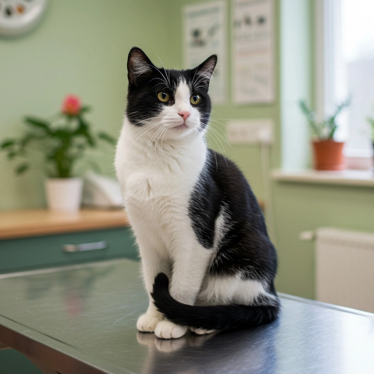Black and white cat sitting on a veterinary examination table
