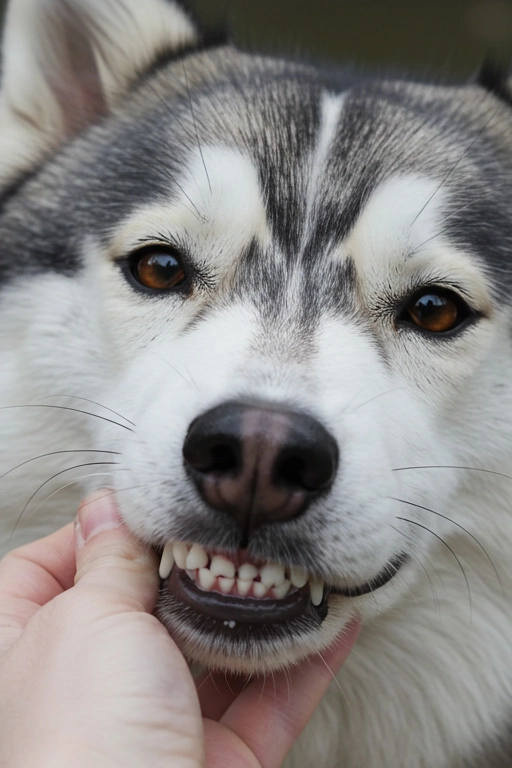 Close-up of a Siberian Husky showing its teeth playfully