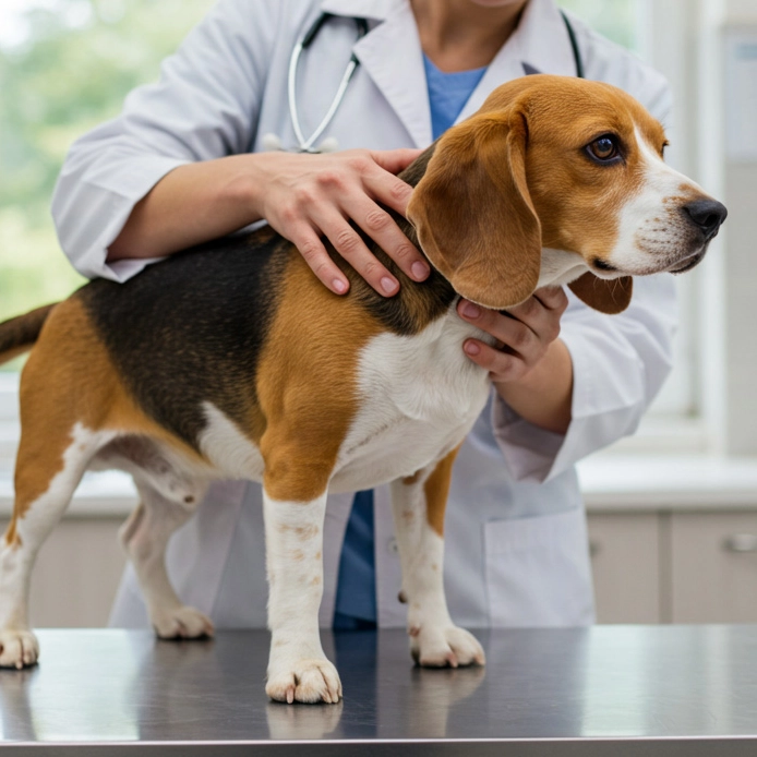 Beagle dog being examined by a veterinarian on a clinic table