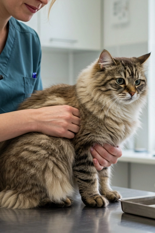 Fluffy tabby cat receiving a check-up from a veterinarian