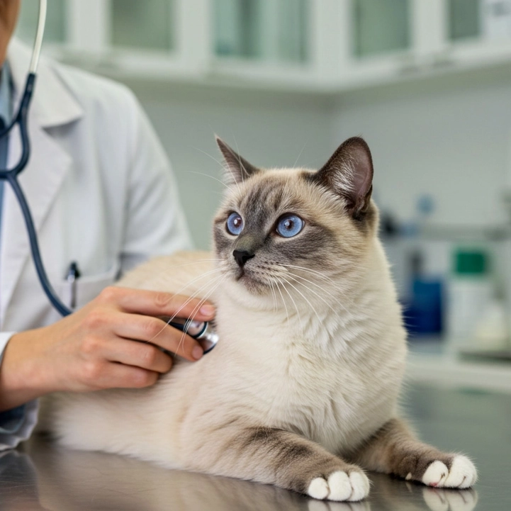 Siamese cat being gently checked by a veterinarian