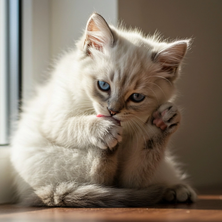 White kitten sitting by a window, licking its paw