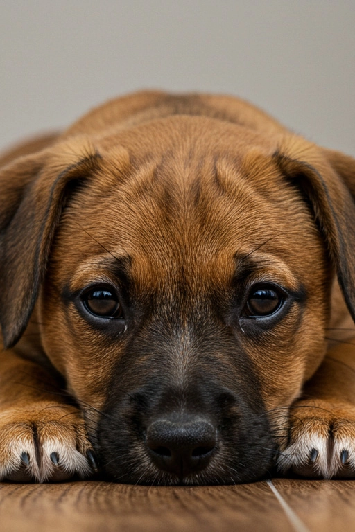 Brown puppy resting its head on a surface, looking sad