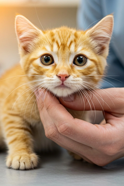 Orange tabby kitten being gently held by a person