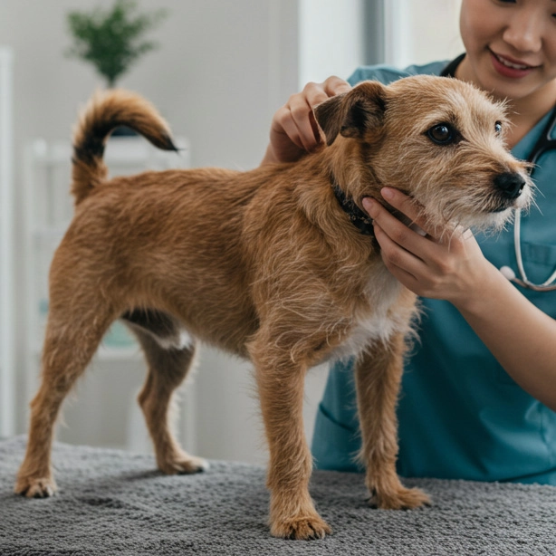 Senior dog receiving a check-up from a veterinarian