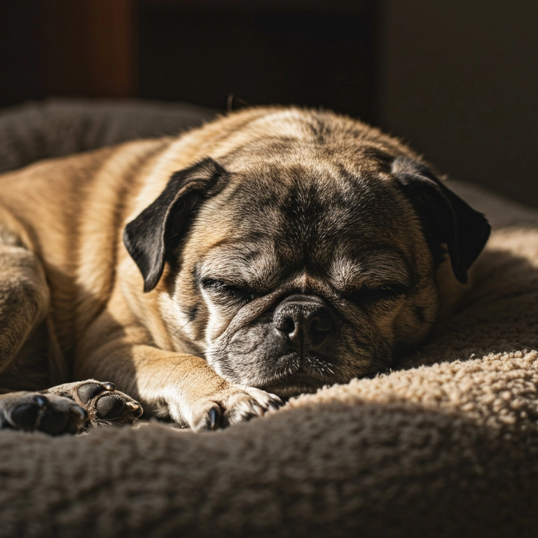 Old pug resting on a soft surface, looking relaxed