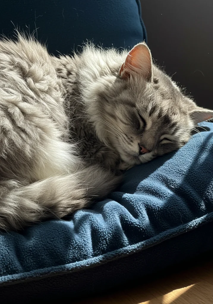 Senior long-haired cat curled up in a cozy pet bed
