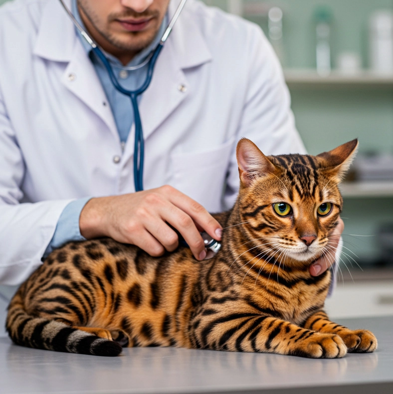 Bengal cat being examined by a veterinarian