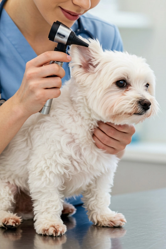 White fluffy dog getting its ear checked by a veterinarian