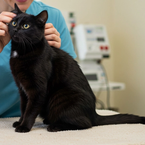 Fluffy black cat being held by a veterinarian during an examination