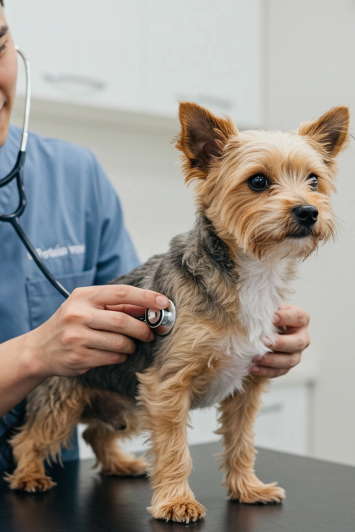 Beagle dog being gently examined by a veterinarian