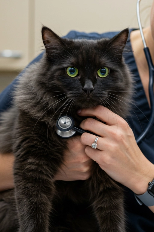 Black cat being examined by a veterinarian on a clinic table