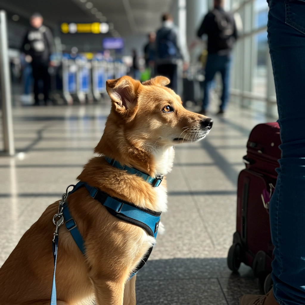 Small brown dog wearing a harness, sitting in an airport terminal