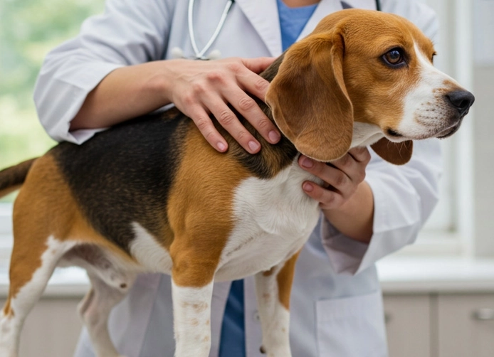 Beagle dog being examined by a veterinarian on a clinic table
