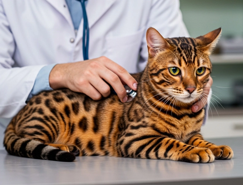 Bengal cat being examined by a veterinarian