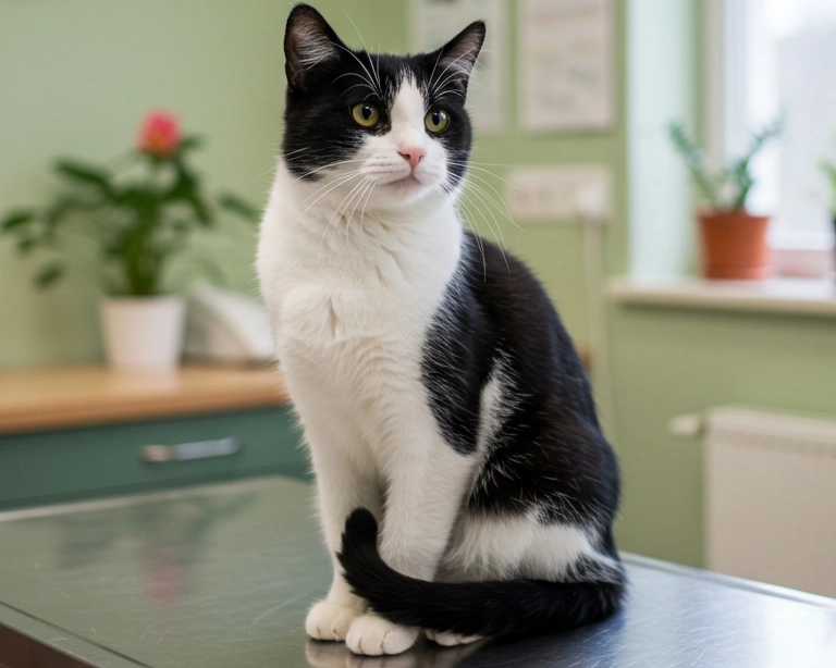 Black and white cat sitting on a veterinary examination table