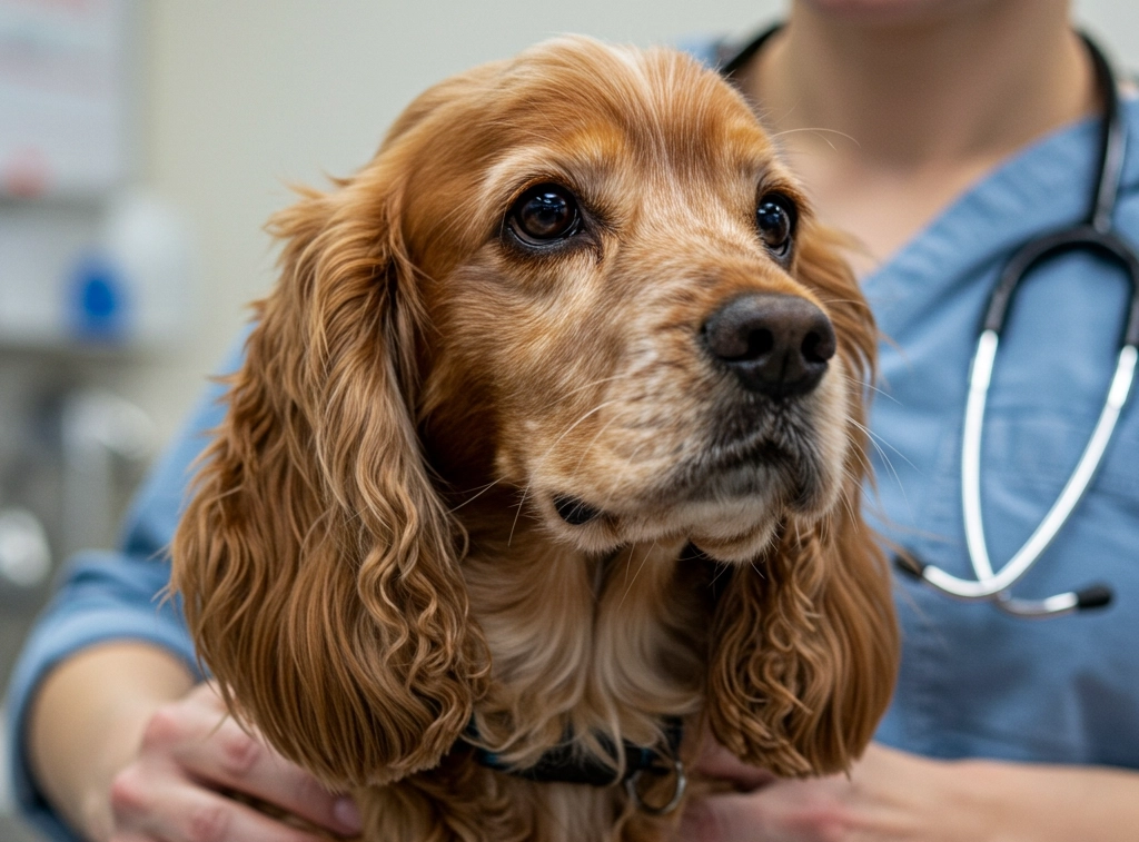 Cocker Spaniel being examined by a veterinarian