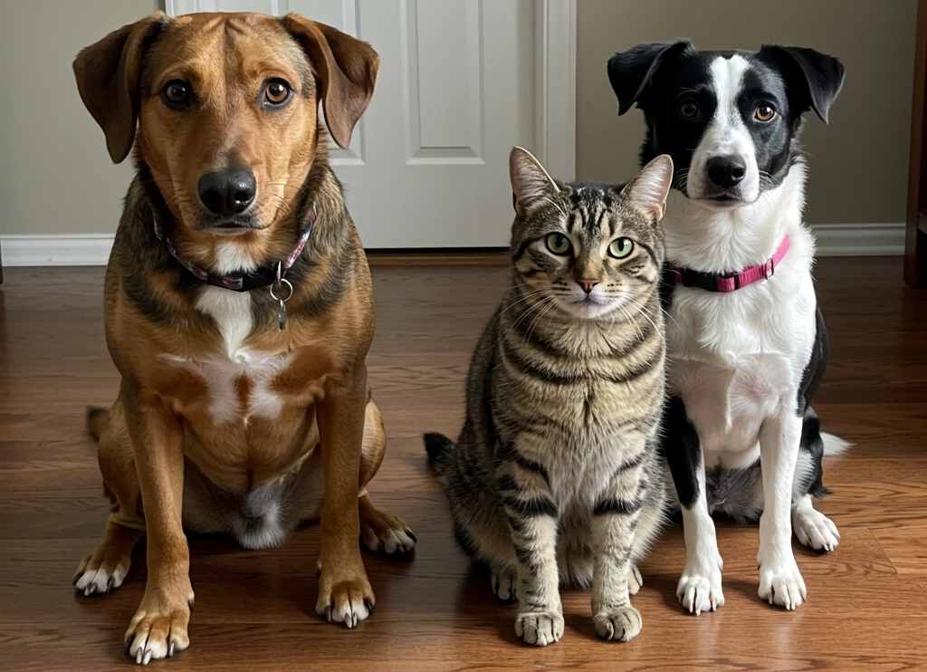 Dogs and cat as a family
