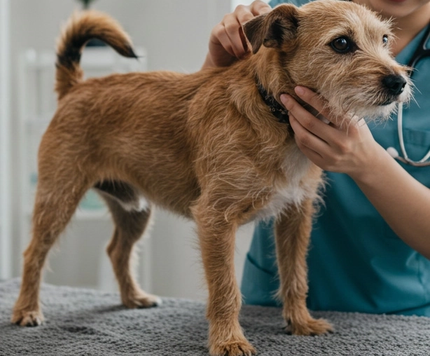 Senior dog receiving a check-up from a veterinarian