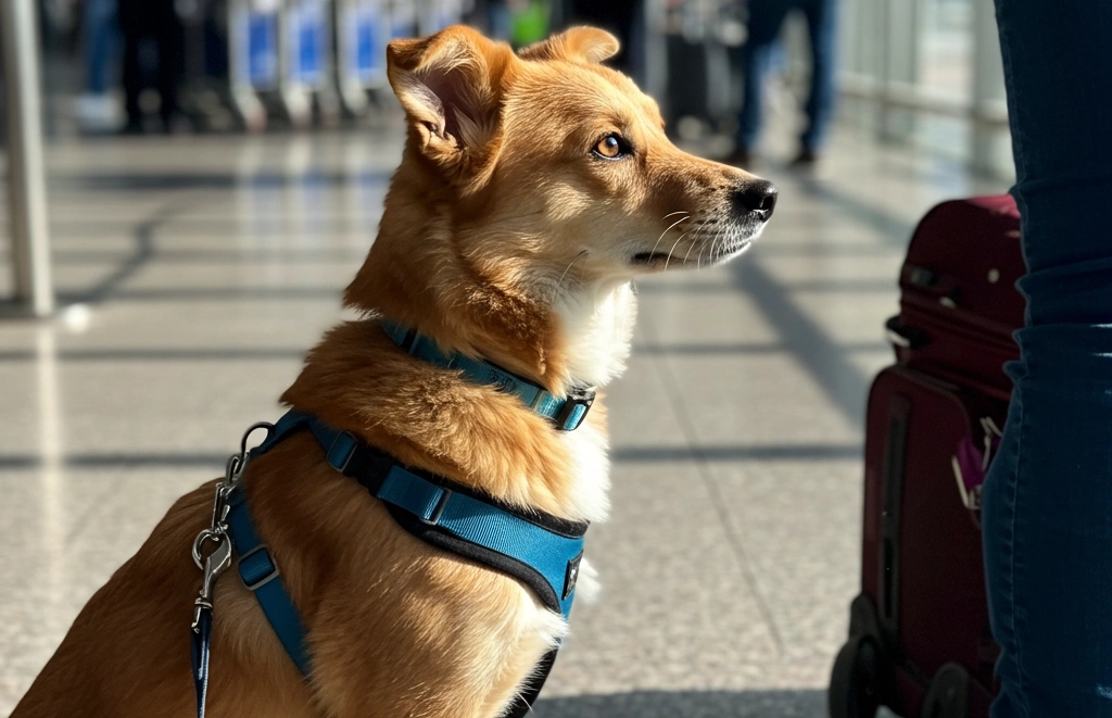 Small brown dog wearing a harness, sitting in an airport terminal