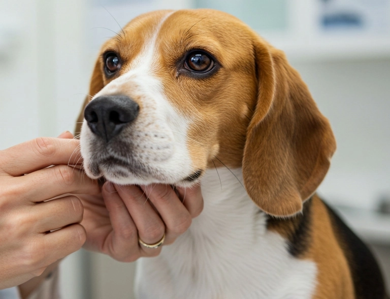 Small terrier dog receiving a check-up from a veterinarian