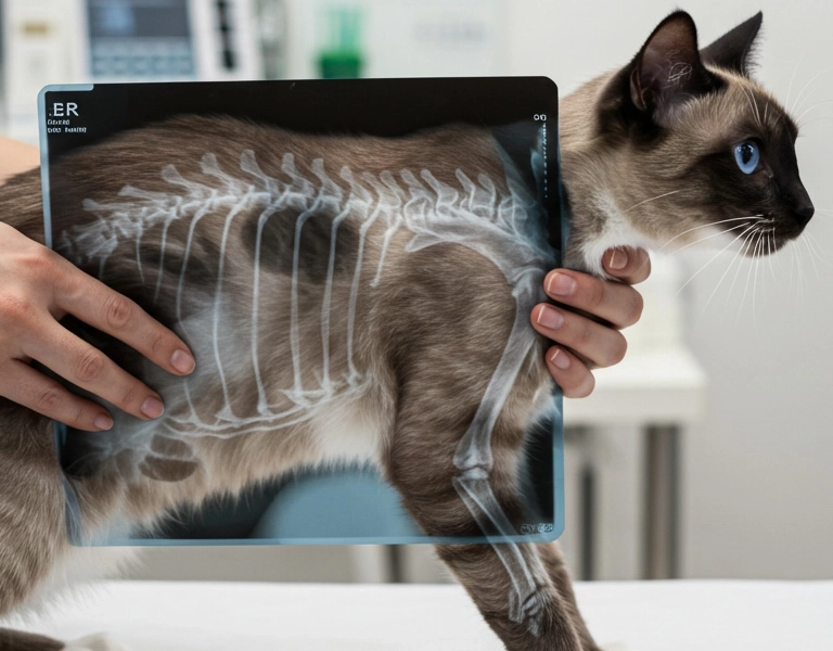 Veterinarian holding a cat while reviewing its X-ray