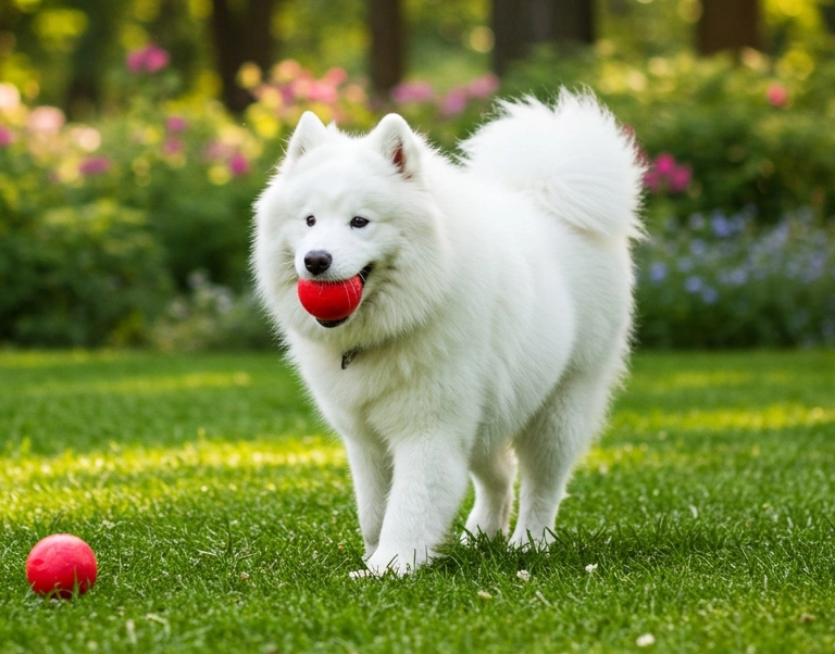 White fluffy dog playing with a red ball on a green lawn