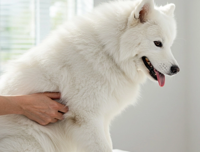 White fluffy dog receiving a gentle pat from a person